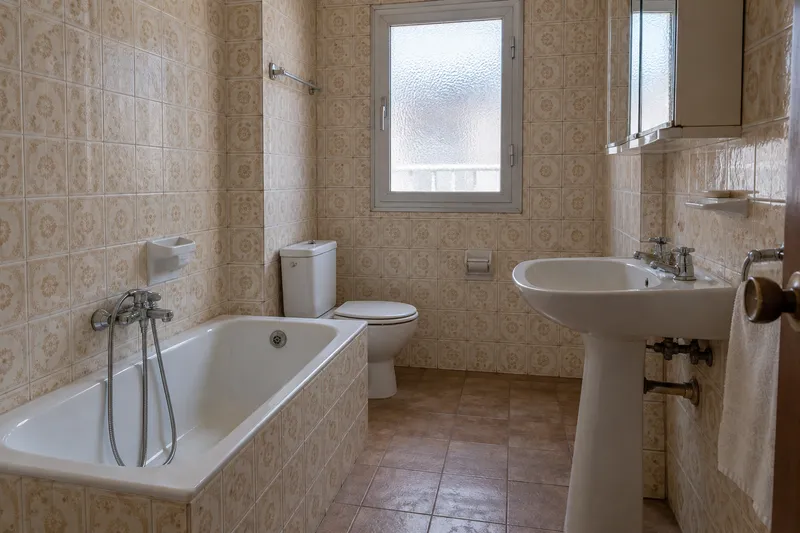 Baño antiguo con azulejos beige, bañera y lavabo de pedestal antes de una reforma