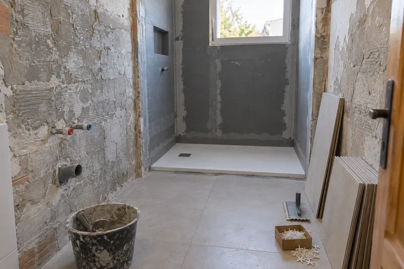Baño en obra con revestimientos retirados, conexiones de fontanería y zona de ducha en preparación