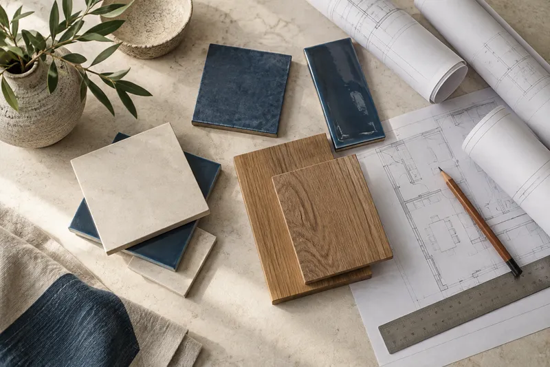 Muestras de cerámica y roble organizadas sobre una mesa con planos de vivienda