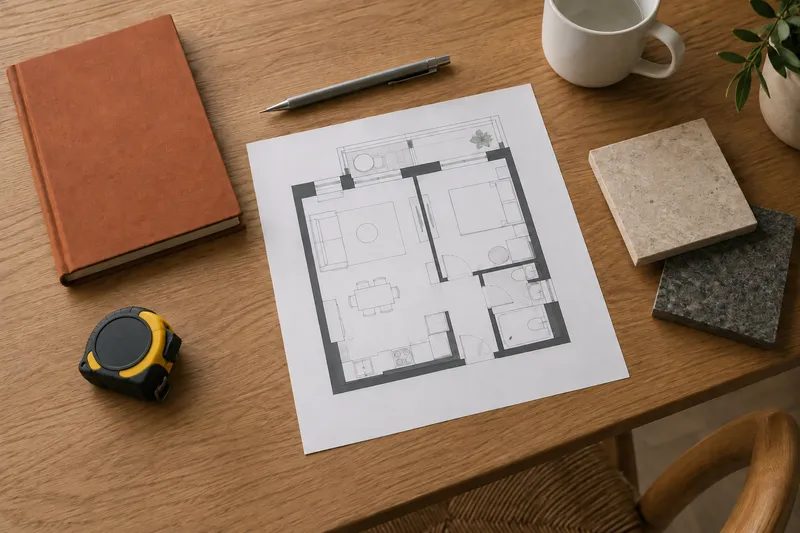 Muestras de madera y cerámica sobre planos de vivienda junto a una cinta métrica