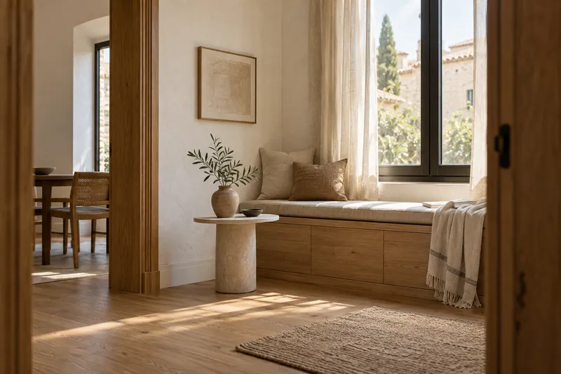 Rincón de vivienda con banco de roble junto a una ventana y acabados naturales