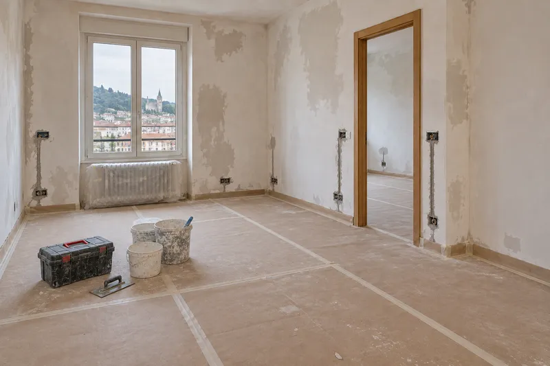 Vivienda en obra con rozas de instalaciones, paredes en preparación y materiales organizados