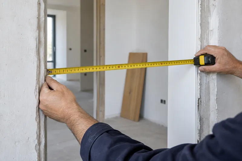 Manos comprobando con una cinta métrica la medida de un hueco de puerta