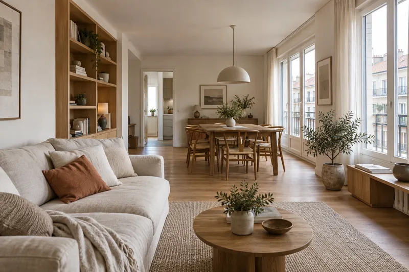 Salón luminoso con sofá de lino, suelo de roble y comedor junto a grandes ventanas