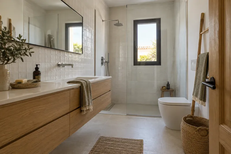 Baño luminoso con ducha de vidrio, azulejo claro y mueble de lavabo de roble