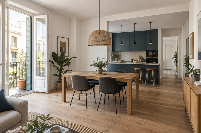 Salón comedor renovado con cocina abierta y pavimento de madera natural