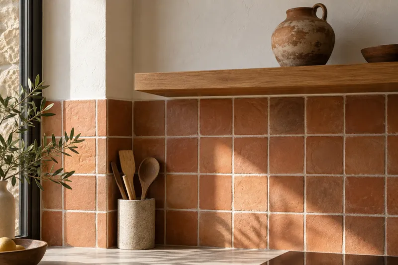 Detalle de azulejos cuadrados de terracota con juntas claras