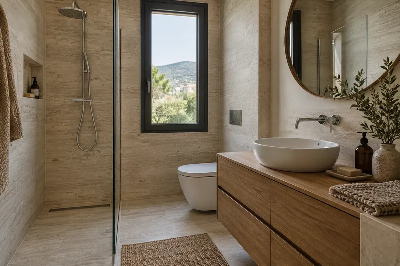 Baño compacto con ducha, revestimiento pétreo y lavabo de madera