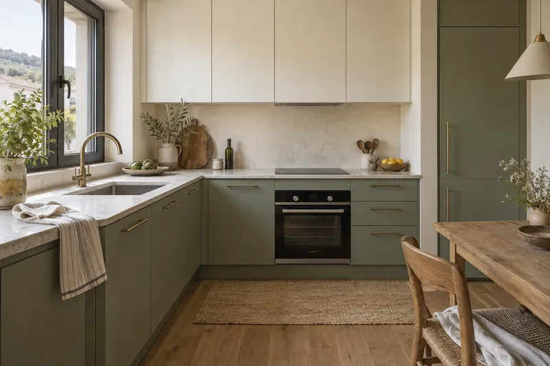 Cocina con muebles verde salvia y encimera clara