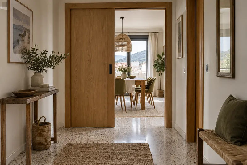 Pasillo renovado con puerta corredera de roble hacia un comedor luminoso